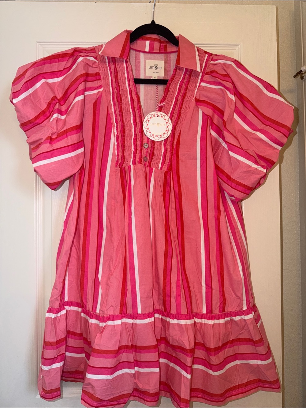 Umgee Pink & White Striped Puff Sleeve Girls' Tunic Dress